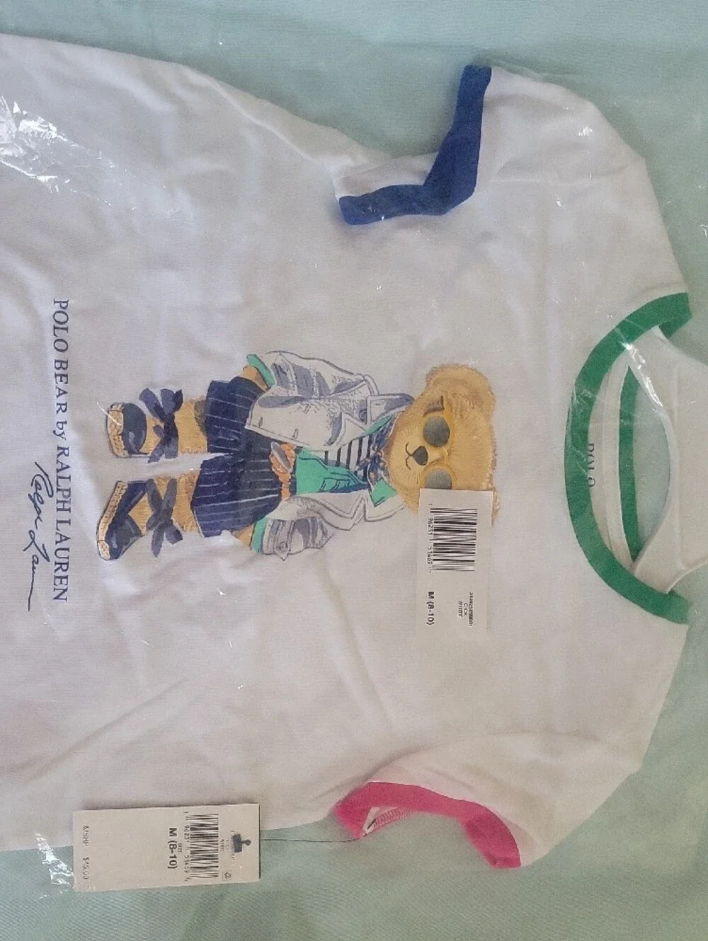 Ralph Lauren White Polo Bear Tee with Green Neck and Multicolor Sleeve Trim